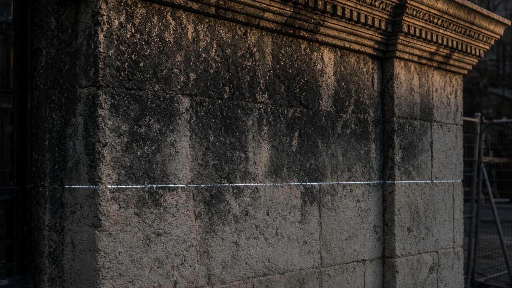 Listed limestone facade: a precise laser line lifting urban soiling from the ashlar.